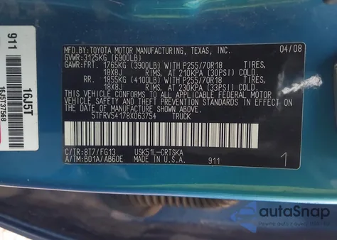 2008 Toyota Tundra Sr5 5.7L V8 z USA, uszkodzony, nr VIN 5TFRV54178X063754